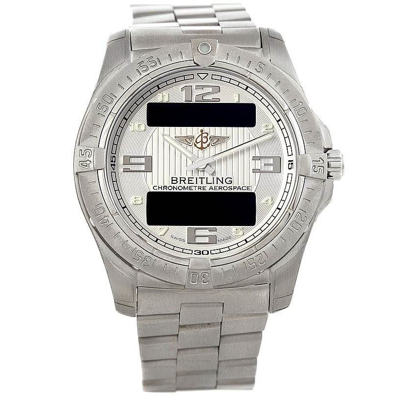 The Breitling Professional Series E7936210 Men
s Titanium Silver Dial E7936210 Men
s Titanium Silver Dial watch is shown from the front, displaying its face, bezel, and part of the bracelet.