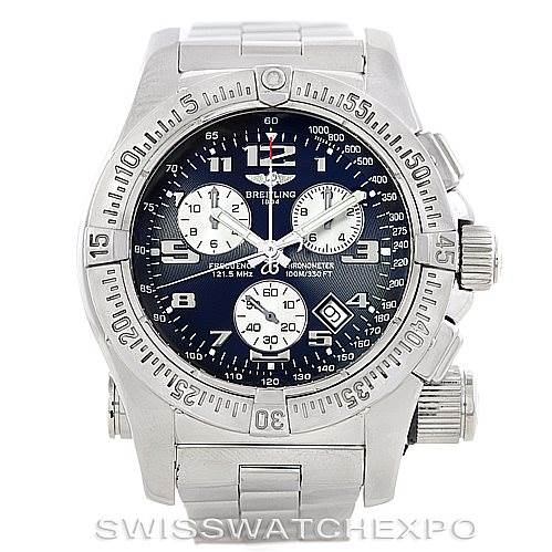 The image shows a front view of the Breitling Professional Series A73322 Men's Stainless Steel Black Dial A73322 Men's Stainless Steel Black Dial watch, displaying the dial, bezel, crown, and chronograph pushers.