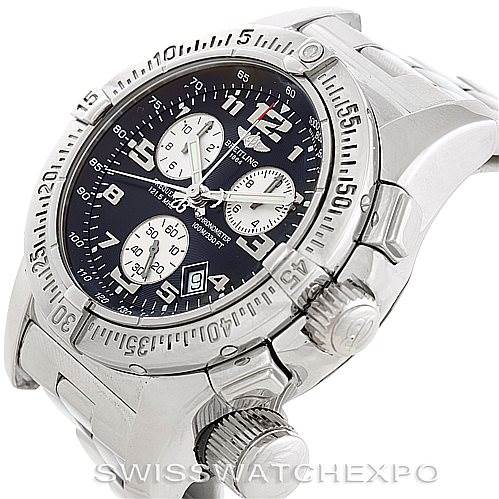 The image shows a side-angle view of the Breitling Professional Series A73322 Men's Stainless Steel Black Dial A73322 Men's Stainless Steel Black Dial watch, highlighting the crown, pushers, bezel, and part of the band.