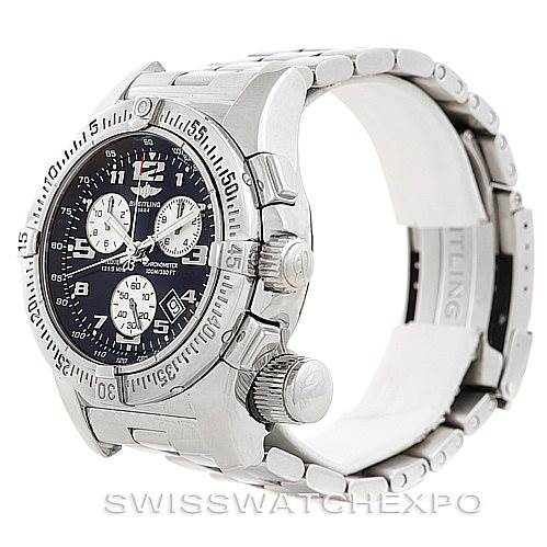 This image shows a side and partial front view of a Breitling Professional Series A73322 Men's Stainless Steel Black Dial A73322 Men's Stainless Steel Black Dial watch, highlighting its face, bezel, and bracelet.