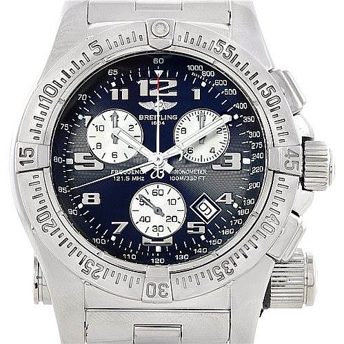 The image shows a front view of the Breitling Professional Series A73322 Men's Stainless Steel Black Dial A73322 Men's Stainless Steel Black Dial watch, displaying its bezel, dial, subdials, and pushers.