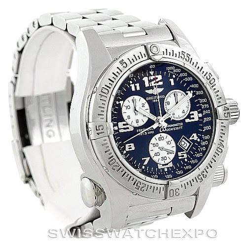 The image shows a close-up angled view of the Breitling Professional Series A73322 Men's Stainless Steel Black Dial A73322 Men's Stainless Steel Black Dial watch, featuring its dial, bezel, and part of the metal bracelet.