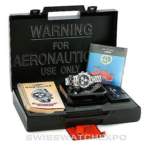 The image shows a Breitling Professional Series A73322 Men's Stainless Steel Black Dial A73322 Men's Stainless Steel Black Dial watch and its accessories, including the original case, manuals, and extra tools, viewed from the front.