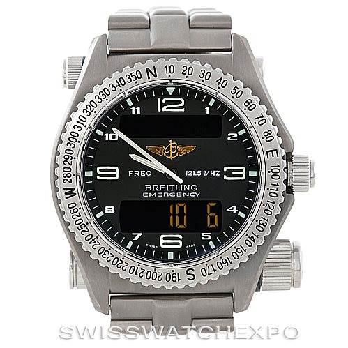 This image shows the front view of a Breitling Professional Series E56121 Men's Titanium Grey Dial E56121 Men's Titanium Grey Dial Emergency model watch, displaying its dial, bezel, and crown.