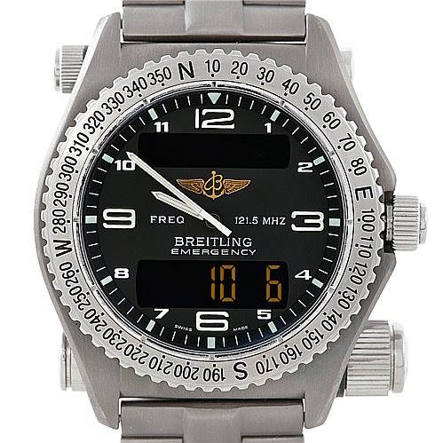 The image shows a front view of a Breitling Professional Series E56121 Men's Titanium Grey Dial E56121 Men's Titanium Grey Dial Emergency watch, displaying the face, bezel, and side buttons.