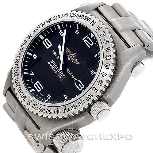 This Breitling Professional Series E56121 Men's Titanium Grey Dial E56121 Men's Titanium Grey Dial Emergency watch is shown at an angled top-down view, highlighting its dial, bezel, and bracelet.