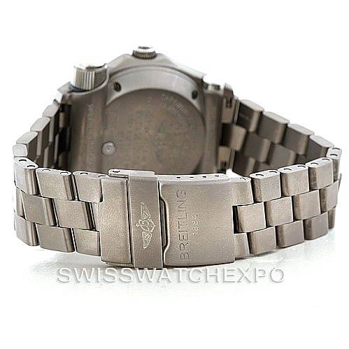 The image shows the back view of a Breitling Professional Series E76321 Men's Titanium Black Dial E76321 Men's Titanium Black Dial watch with its stainless steel bracelet and clasp.