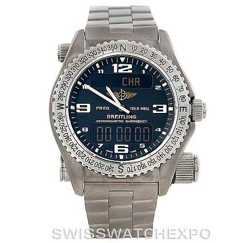 The image shows a front view of a Breitling Professional Series E76321 Men's Titanium Black Dial E76321 Men's Titanium Black Dial watch, displaying its dial, bezel, and metal bracelet.