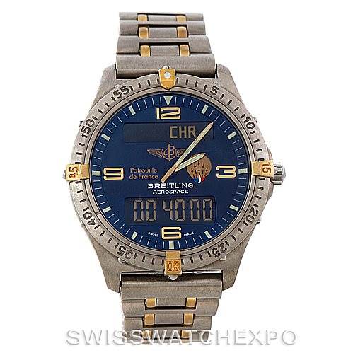 This image shows a front view of the Breitling Professional Series F56062 Men's Titanium Blue Dial F56062 Men's Titanium Blue Dial Aerospace watch, featuring its dial, bezel, and bracelet.