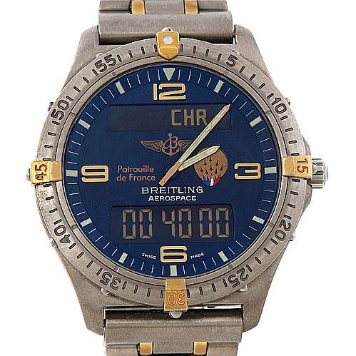 This image shows the face and part of the strap of a Breitling Professional Series F56062 Men's Titanium Blue Dial F56062 Men's Titanium Blue Dial Aerospace model with a blue dial and digital display.