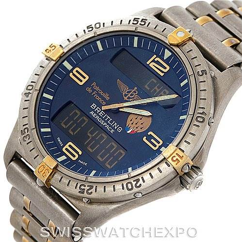 The Breitling Professional Series F56062 Men's Titanium Blue Dial F56062 Men's Titanium Blue Dial watch is shown at an angle revealing the face, bezel, and part of the bracelet.