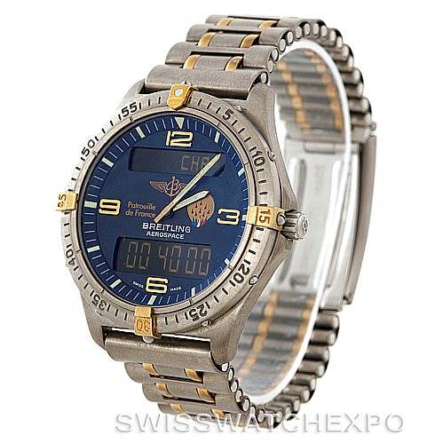 The image shows the front angle of the Breitling Professional Series F56062 Men's Titanium Blue Dial F56062 Men's Titanium Blue Dial Aerospace watch, highlighting its face, bezel, and bracelet.