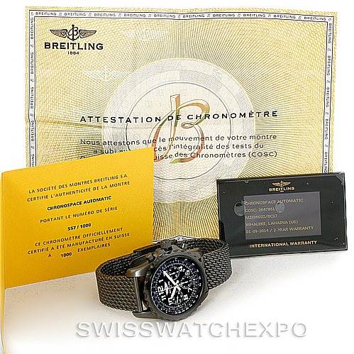The image shows a Breitling Professional Series M2336022-BC17-150M Men's Stainless Steel Black Dial M2336022-BC17-150M Men's Stainless Steel Black Dial watch along with its chronometer certificate, warranty card, and booklet, photographed from the front.