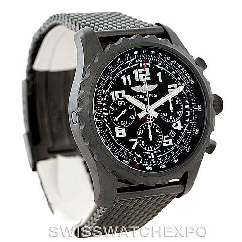 This image shows a Breitling Professional Series M2336022-BC17-150M Men's Stainless Steel Black Dial M2336022-BC17-150M Men's Stainless Steel Black Dial watch at an angled side view, displaying its face, bezel, and mesh strap.