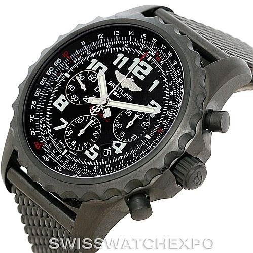 The image shows a Breitling Professional Series M2336022-BC17-150M Men's Stainless Steel Black Dial M2336022-BC17-150M Men's Stainless Steel Black Dial watch from an angled side view, highlighting the face, bezel, crown, and part of the textured strap.