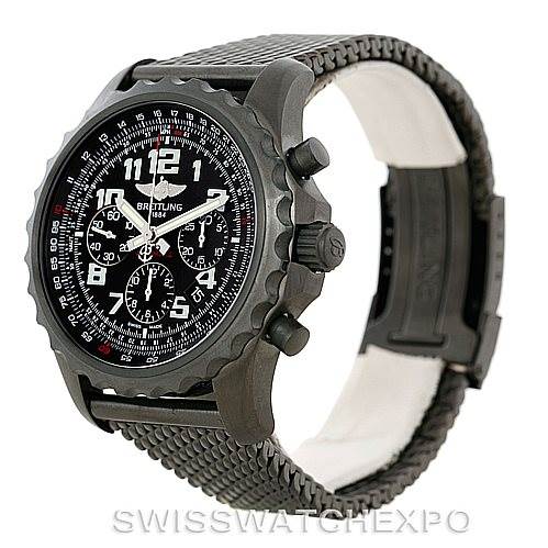 This image shows a Breitling Professional Series M2336022-BC17-150M Men's Stainless Steel Black Dial M2336022-BC17-150M Men's Stainless Steel Black Dial watch at a three-quarter angle, highlighting the black bezel, chronograph dials, and textured strap.