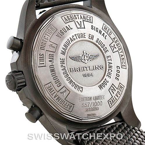 This image shows the back case of a Breitling Professional Series M2336022-BC17-150M Men's Stainless Steel Black Dial M2336022-BC17-150M Men's Stainless Steel Black Dial watch, displaying various engravings and model information.
