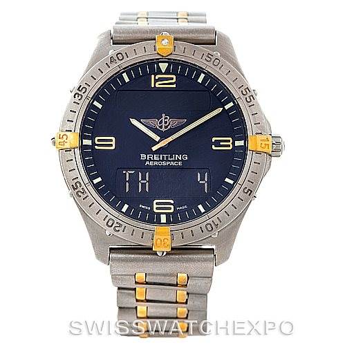 This image shows a Breitling Professional Series F56062 Men
s Titanium Blue Dial F56062 Men
s Titanium Blue Dial watch, model Aerospace, from a front angle displaying the face and part of the bracelet.
