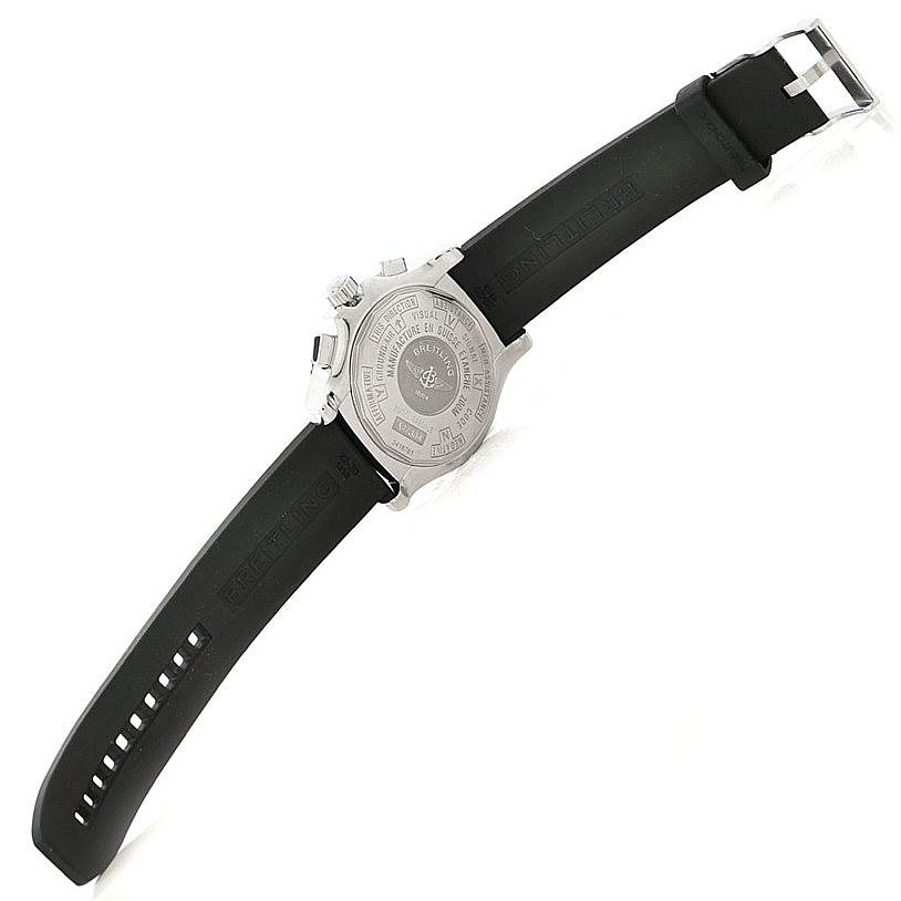 The image shows the back view of a Breitling Professional Series A27364 Men's Stainless Steel Silver Dial A27364 Men's Stainless Steel Silver Dial watch, highlighting the case back and rubber strap.