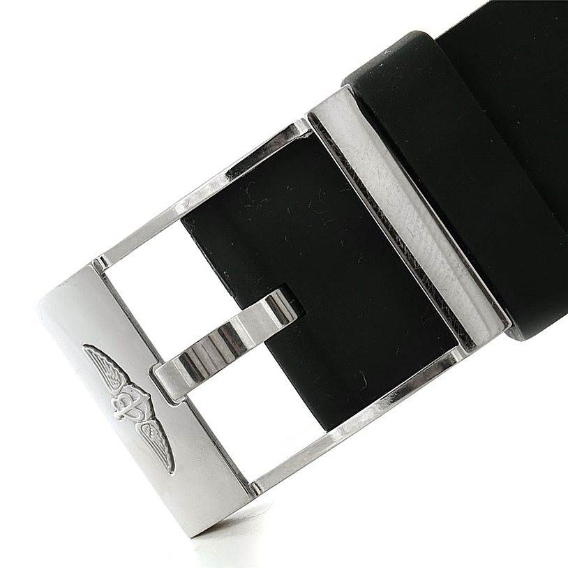 This image shows the buckle and part of the black strap of the Breitling Professional Series A27364 Men's Stainless Steel Silver Dial A27364 Men's Stainless Steel Silver Dial watch.