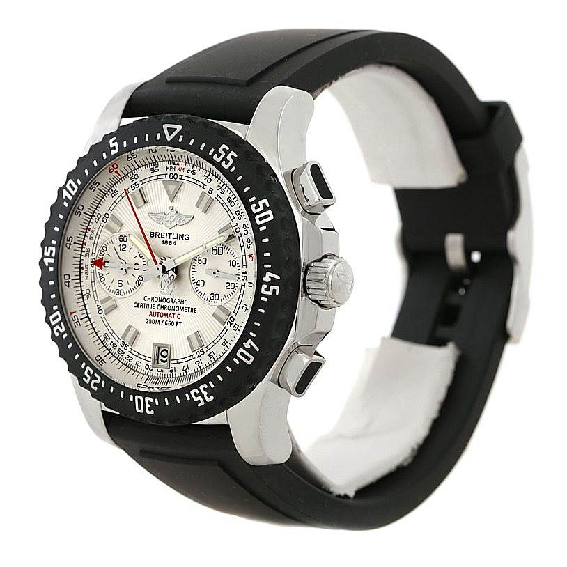 The image shows a diagonal view of the Breitling Professional Series A27364 Men's Stainless Steel Silver Dial A27364 Men's Stainless Steel Silver Dial watch, highlighting the face, bezel, crown, pushers, and rubber strap.