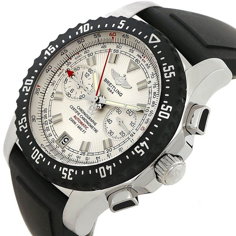 This image shows the face, bezel, crown, and pushers of the Breitling Professional Series A27364 Men's Stainless Steel Silver Dial A27364 Men's Stainless Steel Silver Dial chronograph from an angled side view.