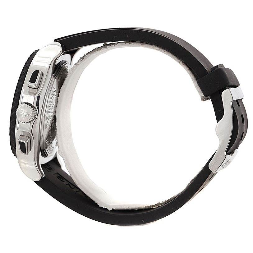 This side-view of the Breitling Professional Series A27364 Men's Stainless Steel Silver Dial A27364 Men's Stainless Steel Silver Dial watch highlights the case, crown, pushers, and the strap with clasp.