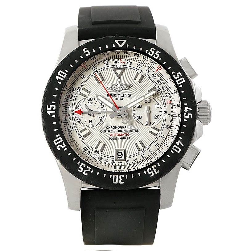 This is a front-view image of a Breitling Professional Series A27364 Men's Stainless Steel Silver Dial A27364 Men's Stainless Steel Silver Dial watch showing the dial, bezel, crown, and black rubber strap.