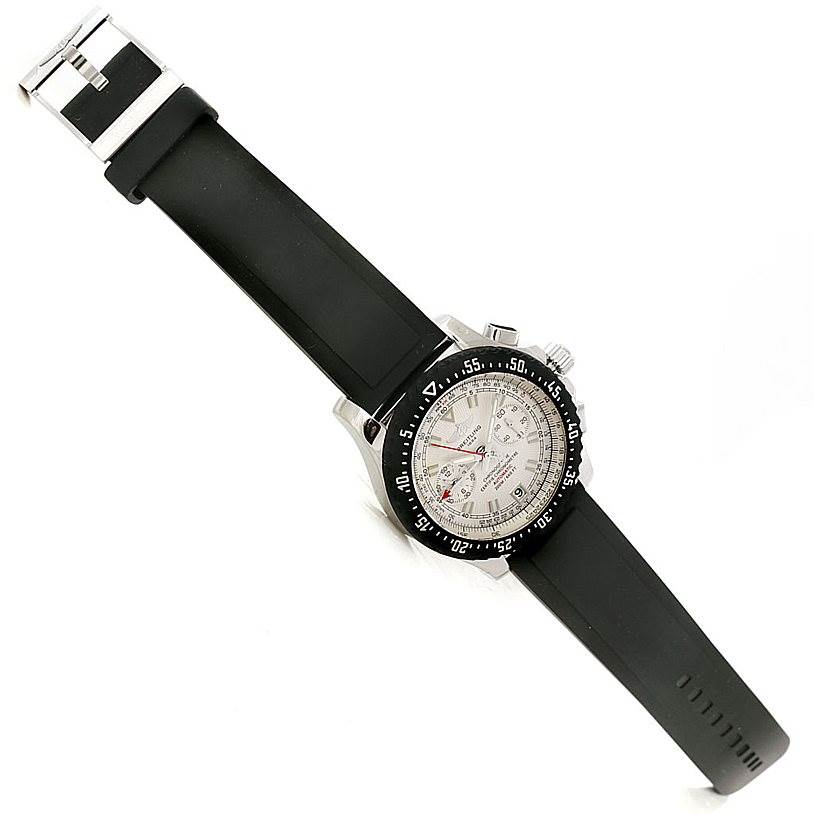 The image shows a top view of the Breitling Professional Series A27364 Men's Stainless Steel Silver Dial A27364 Men's Stainless Steel Silver Dial watch, displaying its face, bezel, and black strap.