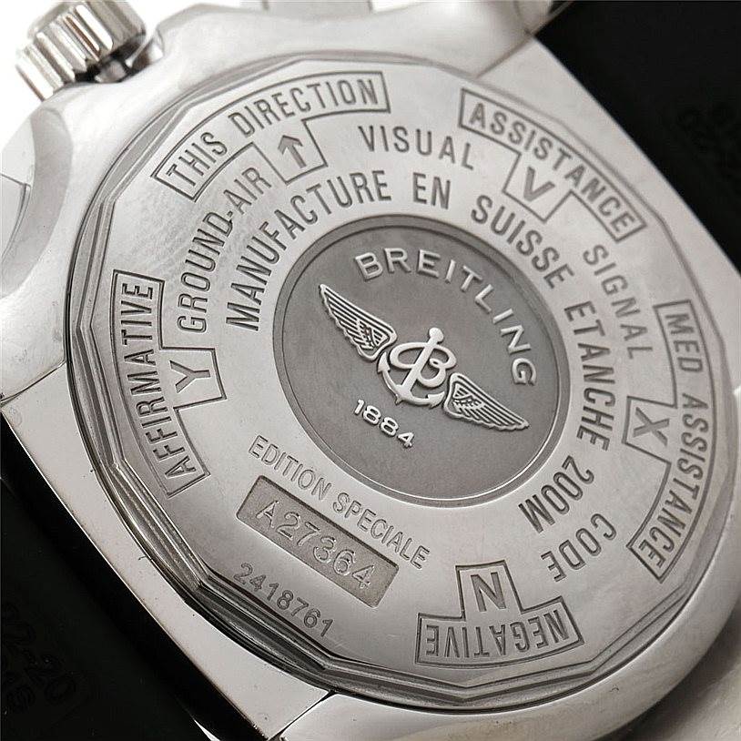 The image shows the case back of the Breitling Professional Series A27364 Men's Stainless Steel Silver Dial A27364 Men's Stainless Steel Silver Dial watch, highlighting engravings and the model's details.