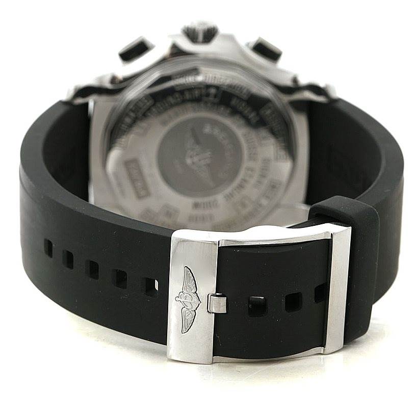 The image shows the back of a Breitling Professional Series A27364 Men's Stainless Steel Silver Dial A27364 Men's Stainless Steel Silver Dial watch and its clasp, with details on the rubber strap and deployment buckle.