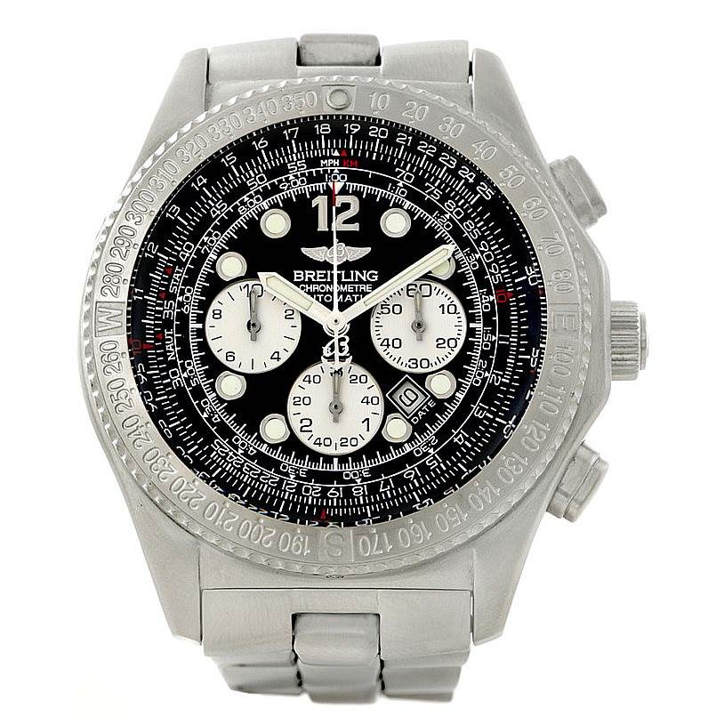 The image shows a front view of a Breitling Professional Series A42362 Men's Stainless Steel Black Dial A42362 Men's Stainless Steel Black Dial watch, highlighting the face, bezel, and pushers.