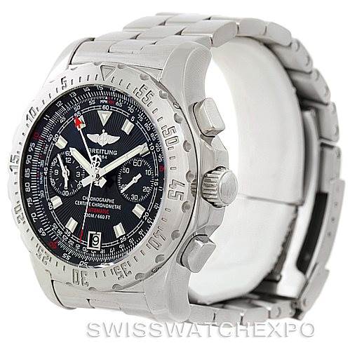The Breitling Professional Series A27362 Men's Stainless Steel Black Dial A27362 Men's Stainless Steel Black Dial watch is shown at an angle highlighting the face, bezel, crown, and part of the metal bracelet.