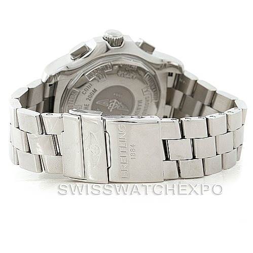 This is a Breitling Professional Series A27362 Men's Stainless Steel Black Dial A27362 Men's Stainless Steel Black Dial watch shown from the back, highlighting its clasp, bracelet, and case back.