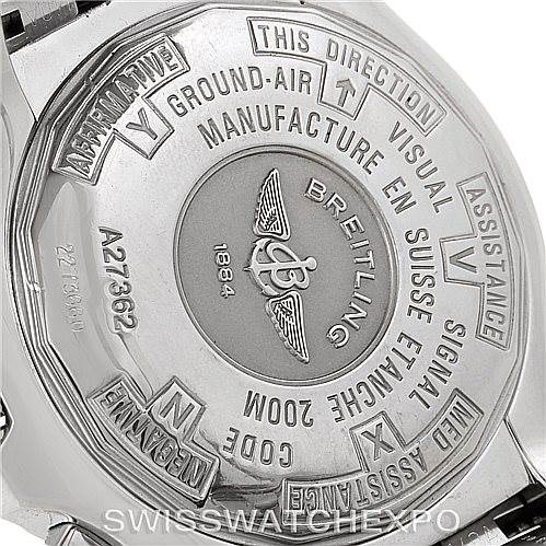 This image shows the back case of the Breitling Professional Series A27362 Men's Stainless Steel Black Dial A27362 Men's Stainless Steel Black Dial watch, highlighting its engravings and branding.