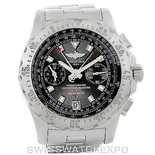This Breitling Professional Series A27362 Men's Stainless Steel Black Dial A27362 Men's Stainless Steel Black Dial watch is shown from a front angle, displaying its entire face, bezel, and part of the stainless steel band.