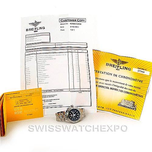 The image shows a Breitling Professional Series A27362 Men's Stainless Steel Black Dial A27362 Men's Stainless Steel Black Dial watch, its manual, warranty card, chronometer certificate, and customer copy of a receipt.