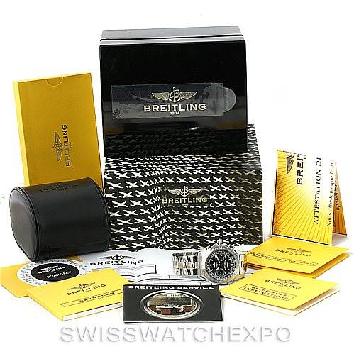The image shows a Breitling Professional Series A27362 Men's Stainless Steel Black Dial A27362 Men's Stainless Steel Black Dial watch with its box, manual, certificate, warranty, and additional accessories from a front angle.
