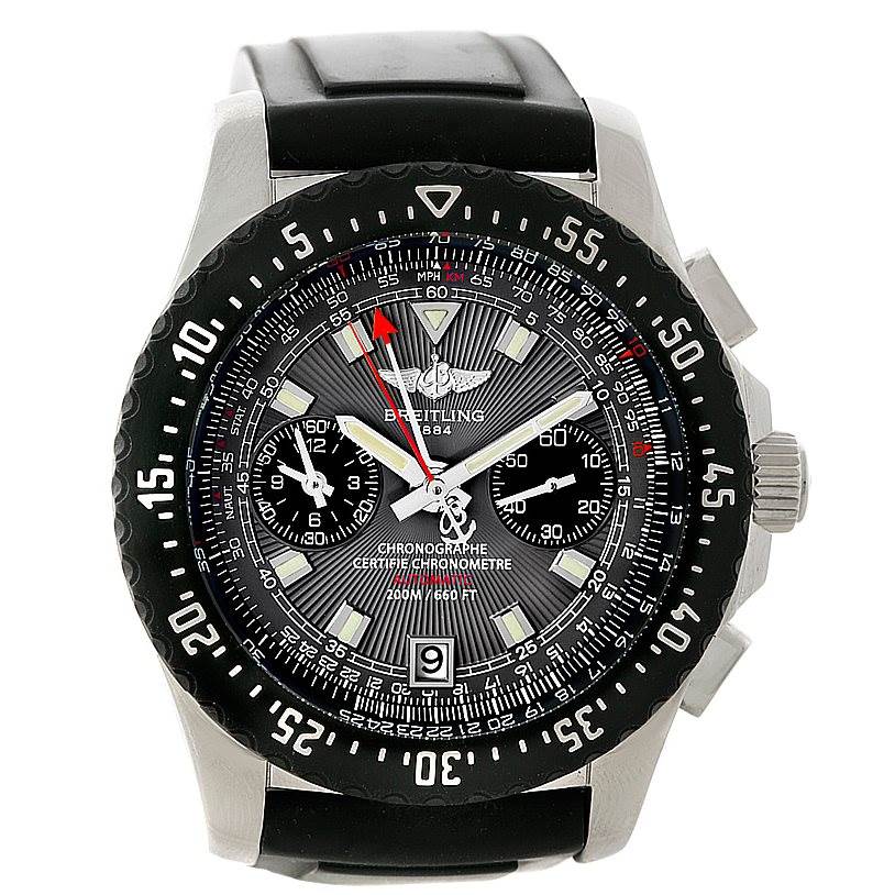 This image shows a front view of the Breitling Professional Series A27364 Men's Stainless Steel Grey Dial A27364 Men's Stainless Steel Grey Dial chronograph watch, displaying its bezel, dial, subdials, and date window.