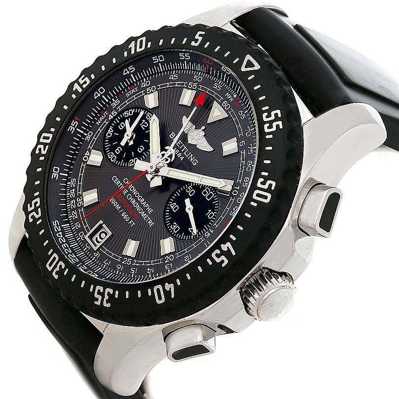 This image shows a close-up of the Breitling Professional Series A27364 Men's Stainless Steel Grey Dial A27364 Men's Stainless Steel Grey Dial watch, highlighting its bezel, chronograph dials, and crown.