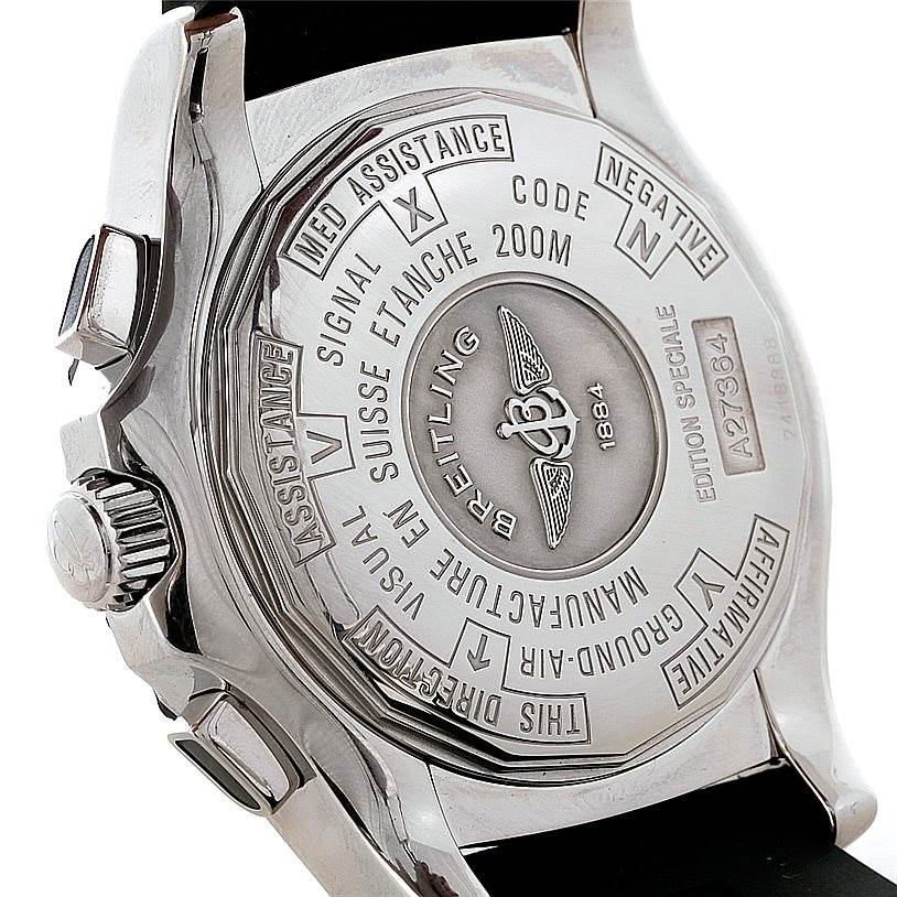 The image shows the back and side of a Breitling Professional Series A27364 Men's Stainless Steel Grey Dial A27364 Men's Stainless Steel Grey Dial watch, highlighting its case back details and crown.