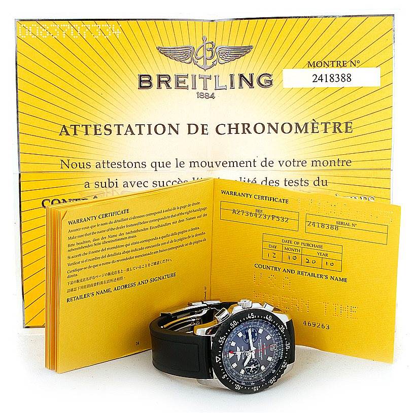 The image shows a Breitling Professional Series A27364 Men's Stainless Steel Grey Dial A27364 Men's Stainless Steel Grey Dial watch with warranty certificates and chronometer attestation.