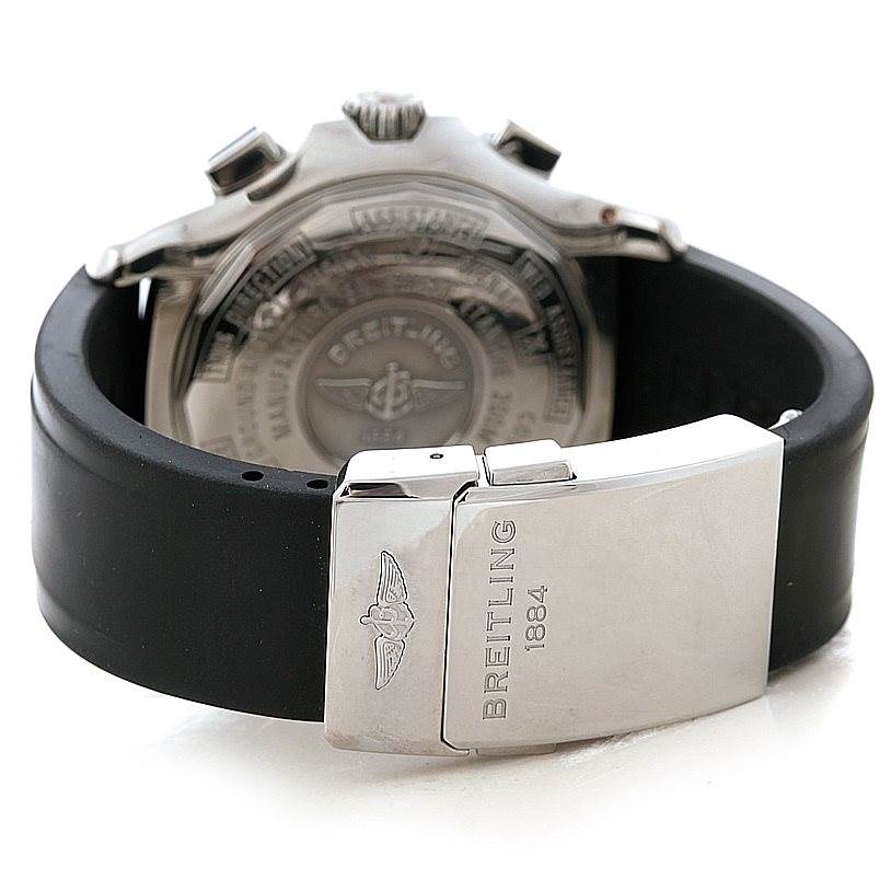 The image shows the back and clasp of the Breitling Professional Series A27364 Men's Stainless Steel Grey Dial A27364 Men's Stainless Steel Grey Dial watch at an angled view.