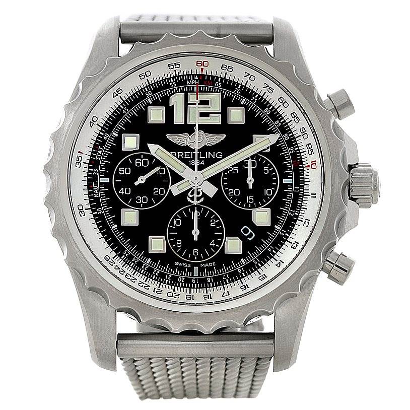 This image shows a front view of a Breitling Professional Series A23360 Men's Stainless Steel Black Dial A23360 Men's Stainless Steel Black Dial watch, displaying its dial, bezel, and bracelet.