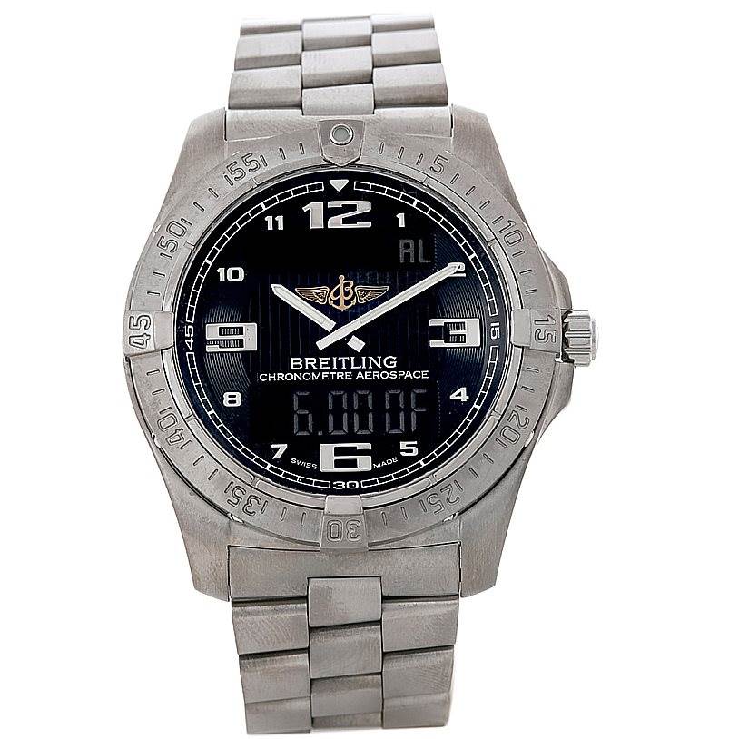 The image shows a front view of a Breitling Professional Series E79362 Men's Titanium Black Dial E79362 Men's Titanium Black Dial Chronometre Aerospace watch, displaying its face, bezel, and bracelet.