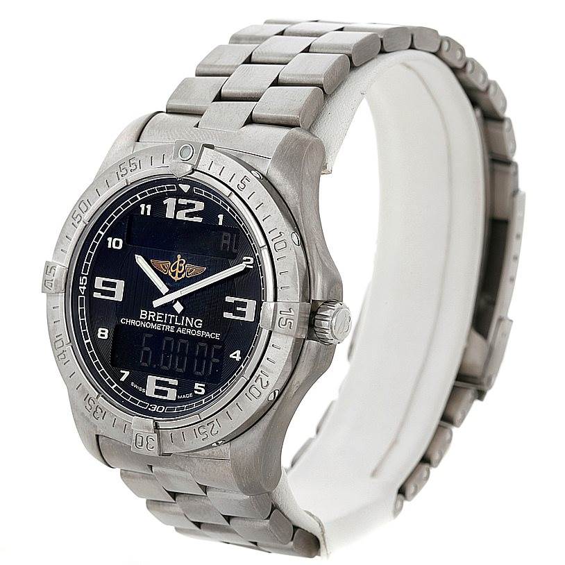The image shows a Breitling Professional Series E79362 Men's Titanium Black Dial E79362 Men's Titanium Black Dial Chronometre Aerospace watch at a three-quarter angle, highlighting the face, bracelet, and bezel.