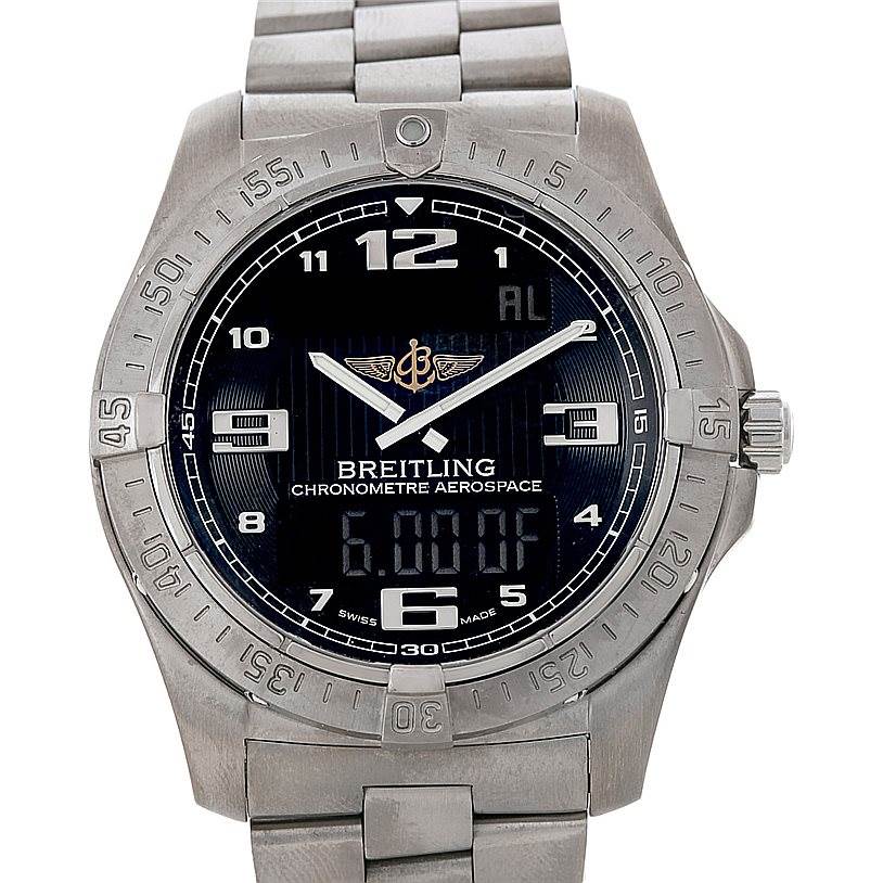 The image shows a front view of the Breitling Professional Series E79362 Men's Titanium Black Dial E79362 Men's Titanium Black Dial Chronometre Aerospace watch displaying its dial and bracelet.