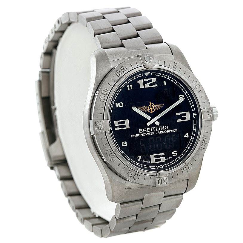 The Breitling Professional Series E79362 Men's Titanium Black Dial E79362 Men's Titanium Black Dial watch is shown from a front angle highlighting the dial, bezel, and metal bracelet.