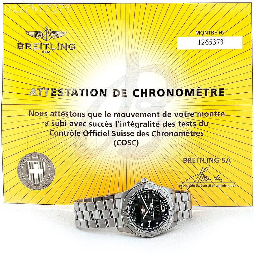 The image shows a front-facing Breitling Professional Series E79362 Men's Titanium Black Dial E79362 Men's Titanium Black Dial watch with a metal band alongside its COSC certification.