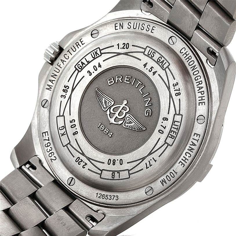 The image shows the back of a Breitling Professional Series E79362 Men's Titanium Black Dial E79362 Men's Titanium Black Dial watch, highlighting engravings and a metal bracelet.